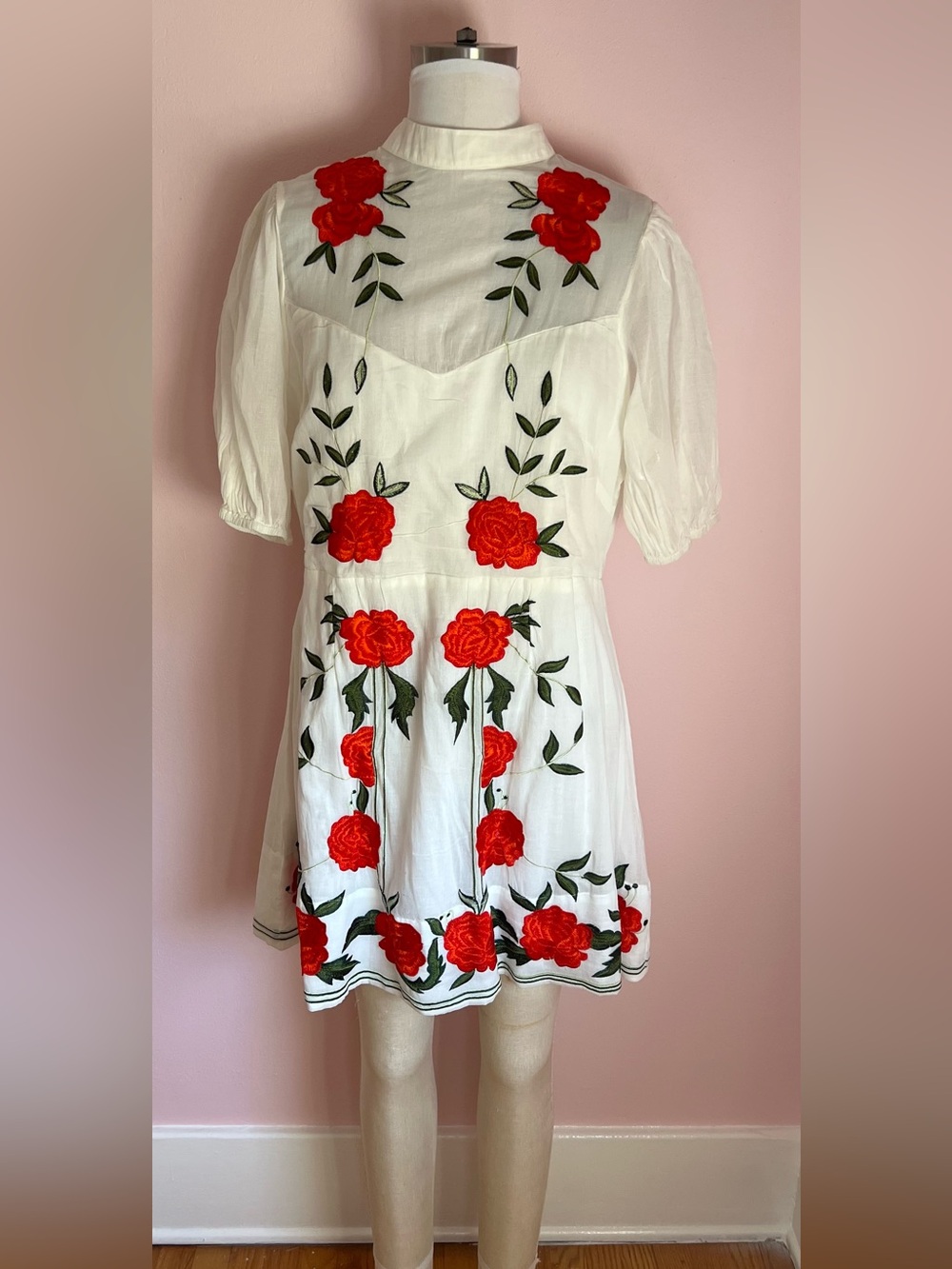 White Dress with Red Rose Embroidery